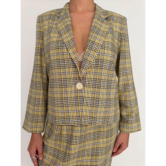 90s vintage yellow tartan plaid Clueless blazer pencil skirt matching suit set - Picture 6 of 9